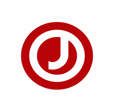 a red and white logo with the letter j on it