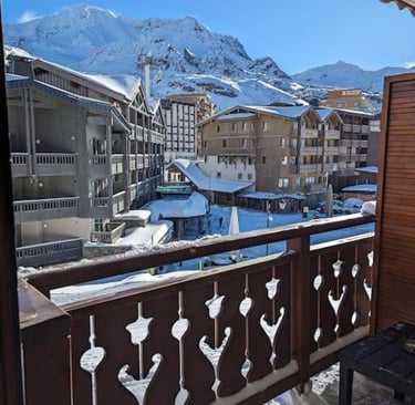 Mountain view from the balcony of a Val Thorens ski apartment