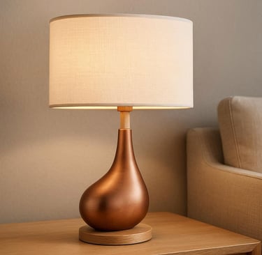 Brass shaped oval base with lilen shade table lamp