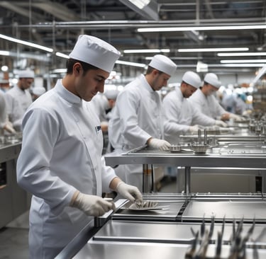 Close-up of a polished 18/10 stainless steel fork reflecting soft light on a dark wooden table
