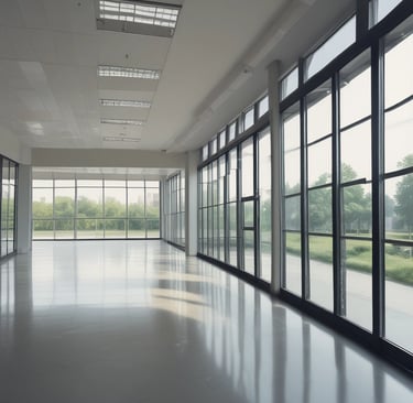 Clean, modern office space with large windows and shiny floors reflecting natural light.