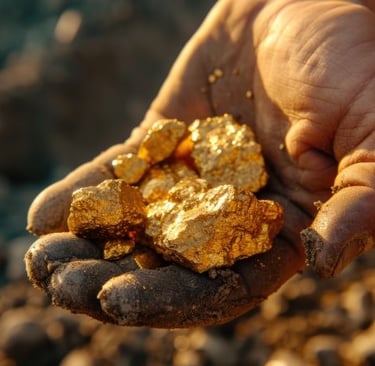 A person holding raw gold nuggets in a dirty hand at a gold mining site.