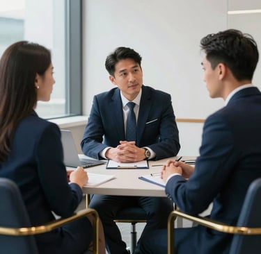 A professional North American man and woman sitting across from a financial professional in a bright, dignified office with navy blue and gold accents, engaging in a calm and reassuring conversation.