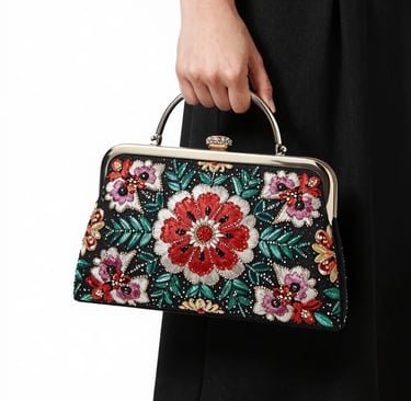 Black Bridal Clutch with Hand-Embroidered Floral Pattern and Silver Handle - Sana Fashion House
