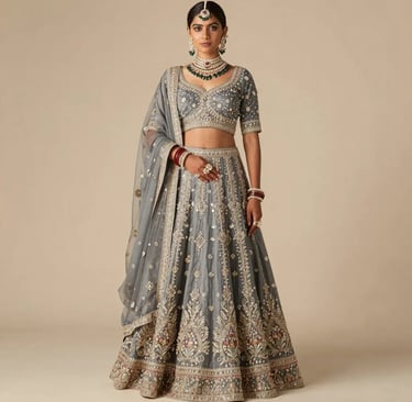 Grey Bridal Lehenga Choli with Intricate Silver and Gold Embroidery - Sana Fashion House