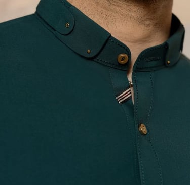Emerald Green Men's Kurta with Designer Ban Collar and Gold Stud Details - Sana Fashion House