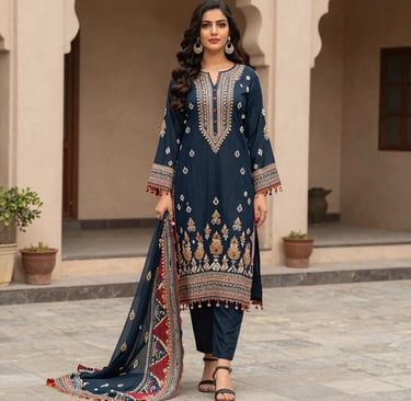 Navy Blue Embroidered Lawn Suit with Printed Dupatta and Tassel Details - Sana Fashion House