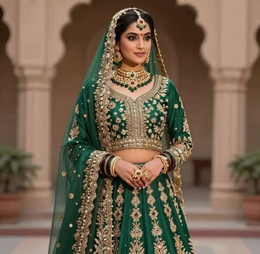 Emerald Green Bridal Lehenga Choli with Heavy Gold Embroidery and Net Dupatta - Sana Fashion House
