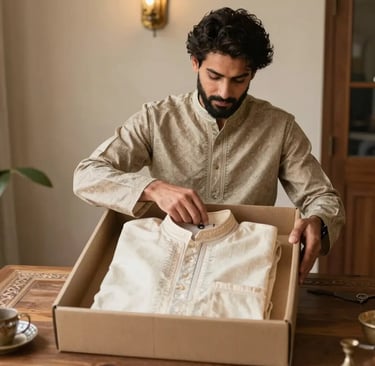 Premium Men's Cotton Kurta with Embroidered Neckline in Luxury Packaging - Sana Fashion House