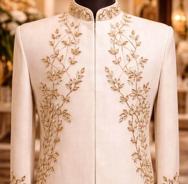 Elegant cream sherwani for men featuring intricate gold leaf embroidery on a mannequin.