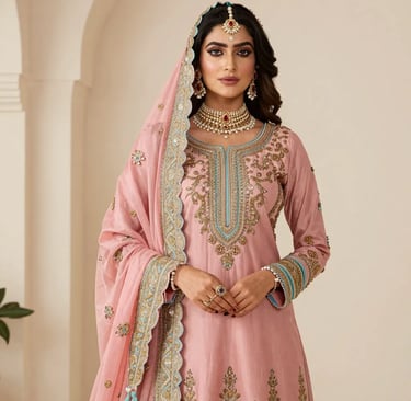 Peach Pink Party Wear Suit with Turquoise Blue Embroidery and Scalloped Dupatta - Sana Fashion House