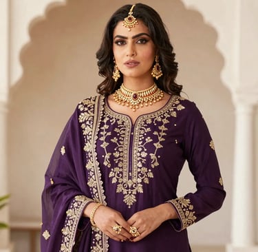 Plum Purple Ready to Wear Embroidered Kurta with Gold Zari Neckline - Sana Fashion House