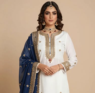 White Embroidered Salwar Kameez with Navy Blue Banarasi Dupatta - Sana Fashion House