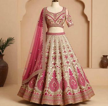 Cream and Pink Embroidered Bridal Lehenga Choli with Traditional Zari Work - Sana Fashion House