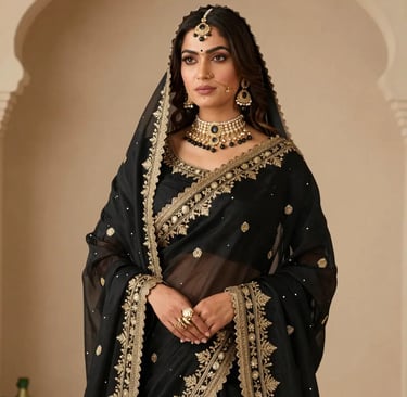 Black Chiffon Embroidered Saree with Gold Zari Border and Pearl Details - Sana Fashion House