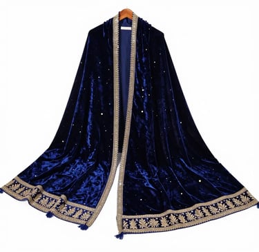 Navy Blue Velvet Shawl with Heavy Gold Embroidered Border and Tassels - Sana Fashion House