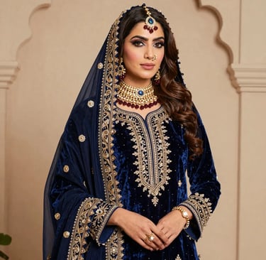 Blue Velvet Bridal Dress with Heavy Embroidery and Traditional Jewelry - Sana Fashion House