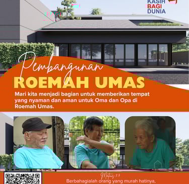 Pembangunan Roemah Umas nursing home donation poster featuring elderly residents and modern facility design.