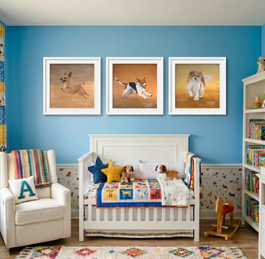 Baby's room in bright colors and oil paintings