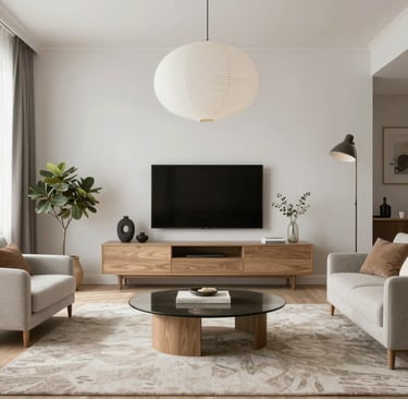 a living room filled with furniture and a large window