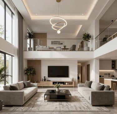 a living room filled with furniture and a large window