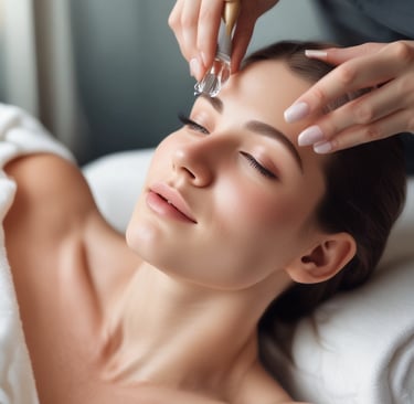 A peaceful facial treatment being done in a bright, cozy corner of qbsalon.pk with plants and natural light.
