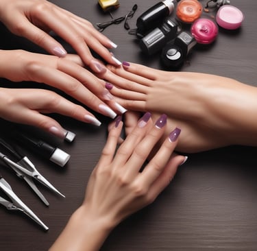 Manicure and pedicure session featuring soft, earthy polish colors in a modern salon setting.