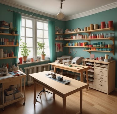 A cozy artisan workshop with handmade French fabric bags and sewing tools.