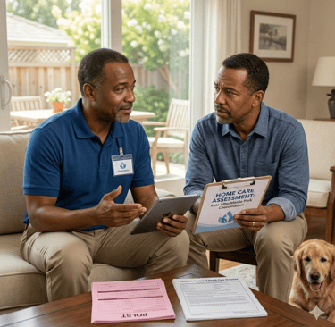 A senior man asking questions to a home care agency professional in his living room.