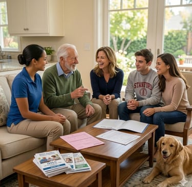A family and professional caregiver discussing IHSS home care services for an elderly man in a living room.