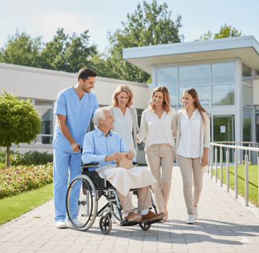 A male nurse pushes a senior man in a wheelchair while visiting family walks alongside at a rehabilitation center.
