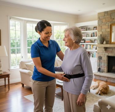 A smiling caregiver assists a senior woman using a gait belt for mobility support in her home.