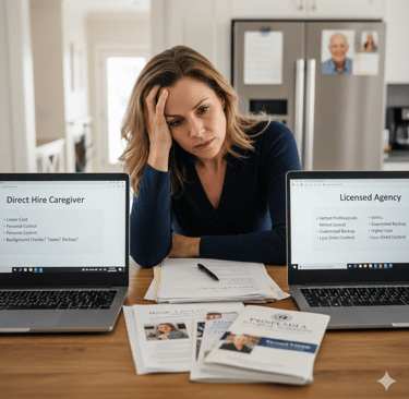 Stressed woman comparing direct hire caregivers vs licensed agencies on laptops for senior home care.