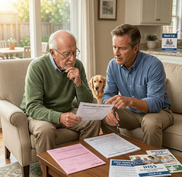An elderly man and a caregiver review Advance Health Care Directive and Medi-Cal forms at home.