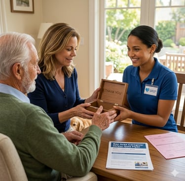 Smiling home care worker receiving a thank you gift box from an elderly man and his daughter.
