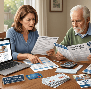 A senior man and woman reviewing long-term care insurance and home care costs on a laptop.