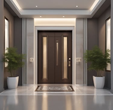 Çelik kapı montajı tamamlanmış modern bir giriş kapısı, güvenlik vurgusu.