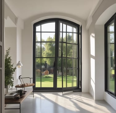 Giyotin cam sistemleri ile oluşturulmuş şık ve fonksiyonel pencere detayları.