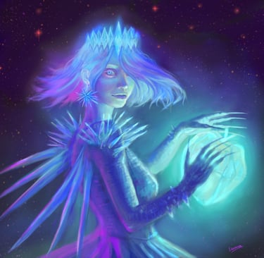Digital painting of a glowing ice queen wearing a crystalline crown and holding a radiant blue orb.