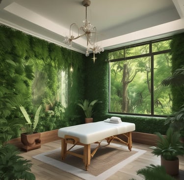 A peaceful massage room with soft lighting and aromatic candles.