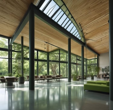 An interior space designed with sustainable materials and energy-efficient lighting.