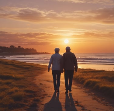 A gentle sunset behind a calm home, symbolizing comfort and connection.