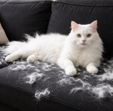 white cat shedding on a black sofa with furr everywhere