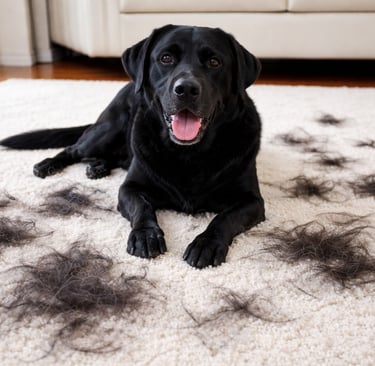 black dog shedding on a white carpet with fur everywhere