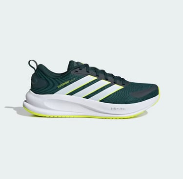 Adidas Supernova Rise running shoes in dark green mesh with white stripes and Dreamstrike foam midsole.