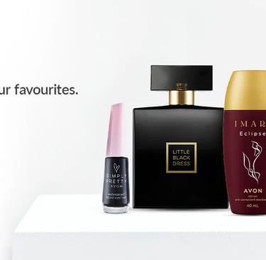 Avon beauty products including perfume, skincare, and makeup with a 20% off flat discount banner.