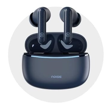 Noise wireless earbuds in dark blue with a matching charging case featuring an LED indicator light.