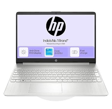 Silver HP laptop with Intel Core i3 processor, anti-glare FHD display, and fast charge capabilities.