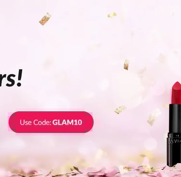 Avon cosmetics sale banner featuring lipsticks, CC cream, and eyeliner with a 10% discount offer code.
