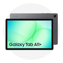 Front and back view of a dark gray Samsung Galaxy Tab A11+ tablet with a colorful green display.